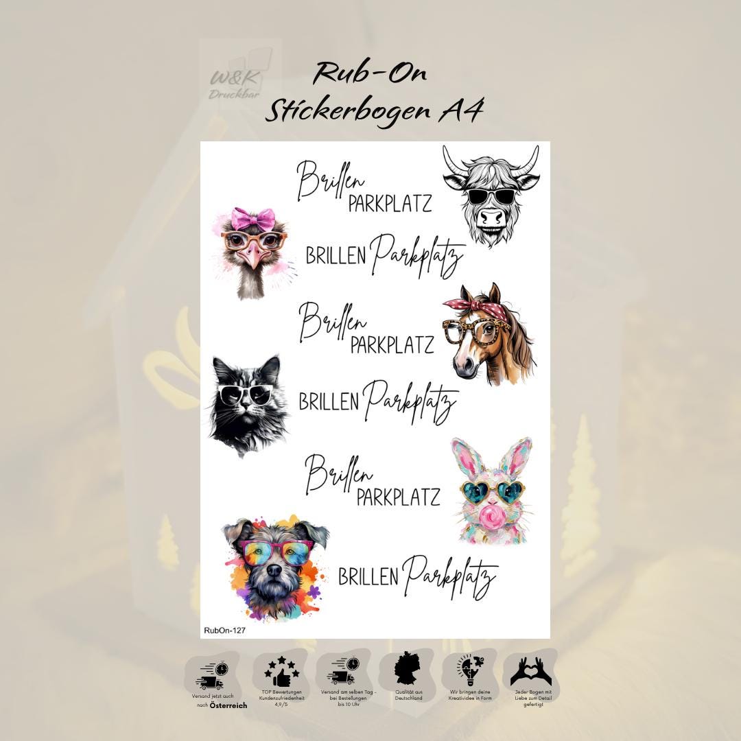 RubOn Sticker / Brillenparkplatz / A4 Bogen / Randlos /Abreibebilder / DIY Sticker für z.B. Glas Holz