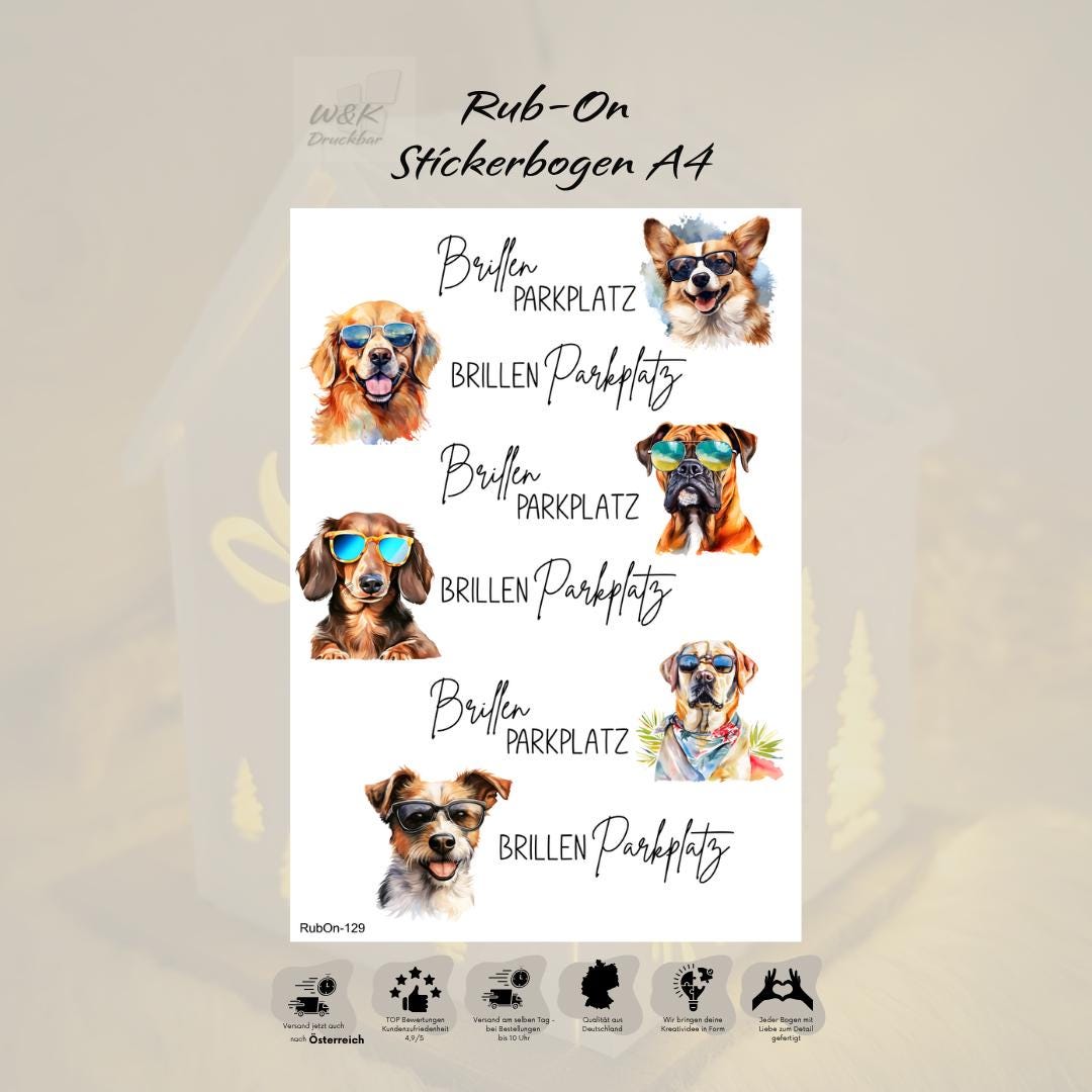 RubOn Sticker / Brillenparkplatz#4 Dog Edition / A4 Bogen / Randlos /Abreibebilder / DIY Sticker für z.B. Glas Holz