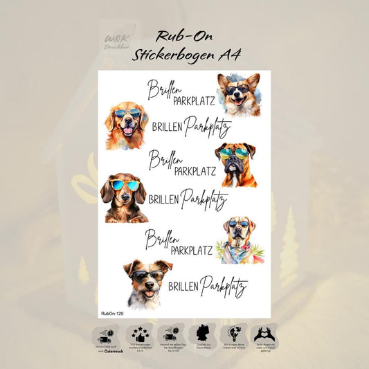RubOn Sticker / Brillenparkplatz#4 Dog Edition / A4 Bogen / Randlos /Abreibebilder / DIY Sticker für z.B. Glas Holz