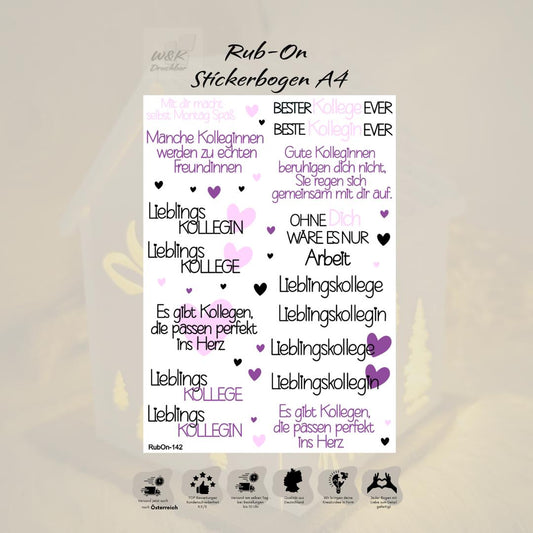 RubOn Sticker / Kolleg(e)/in / A4 Bogen / Randlos /Abreibebilder / DIY Sticker für z.B. Glas Holz