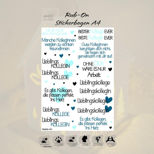 RubOn Sticker / Kolleg(e)/in / Blau / A4 Bogen / Randlos /Abreibebilder / DIY Sticker für z.B. Glas Holz