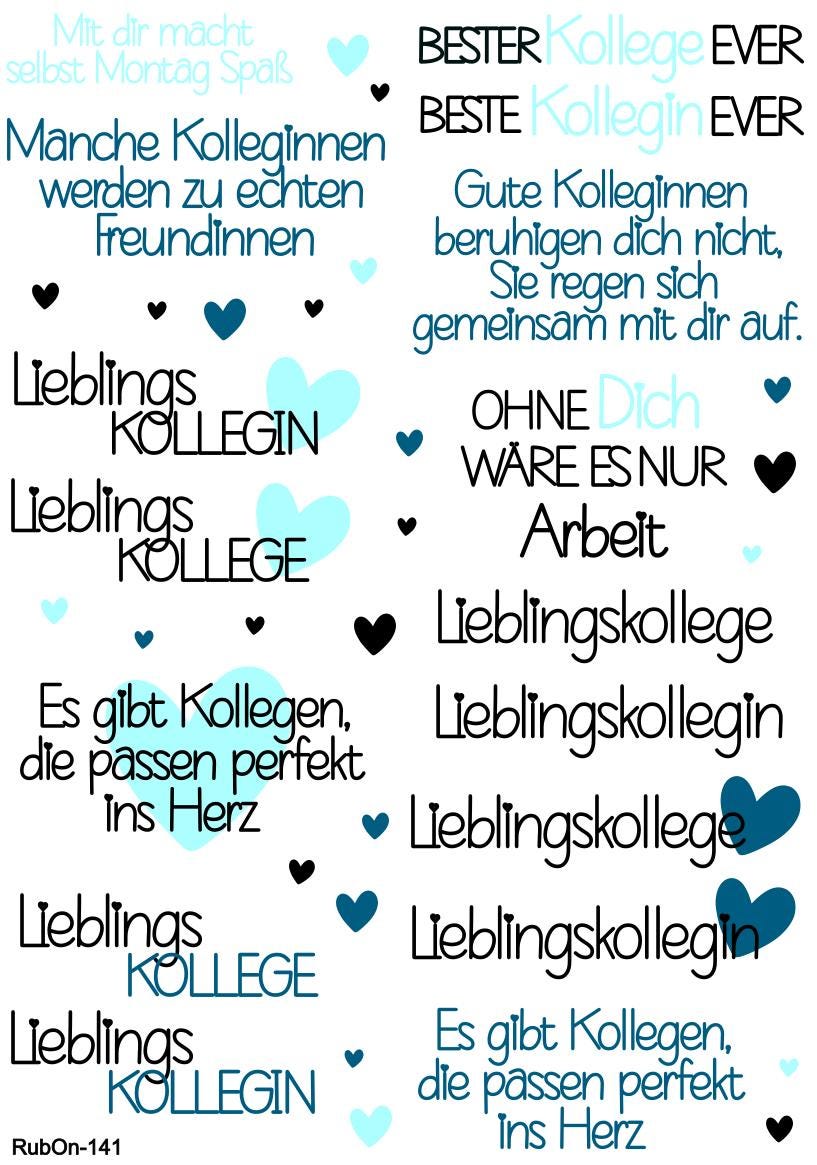 RubOn Sticker / Kolleg(e)/in / Blau / A4 Bogen / Randlos /Abreibebilder / DIY Sticker für z.B. Glas Holz