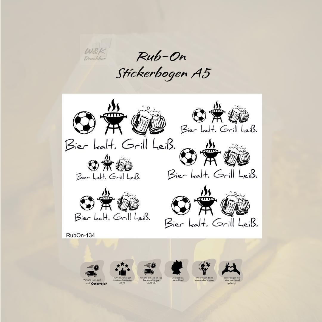 RubOn Sticker / Bier kalt. Grill heiß. / A5 Bogen / Randlos /Abreibebilder / DIY Sticker für z.B. Glas Holz