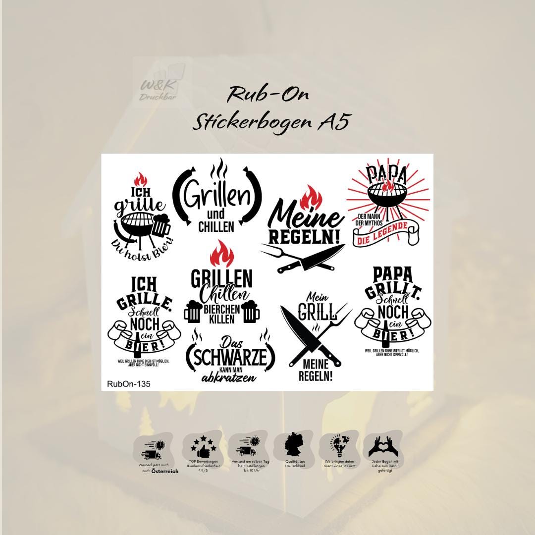 RubOn Sticker / Grillen / A5 Bogen / Randlos /Abreibebilder / DIY Sticker für z.B. Glas Holz