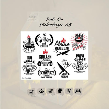 RubOn Sticker / Grillen / A5 Bogen / Randlos /Abreibebilder / DIY Sticker für z.B. Glas Holz
