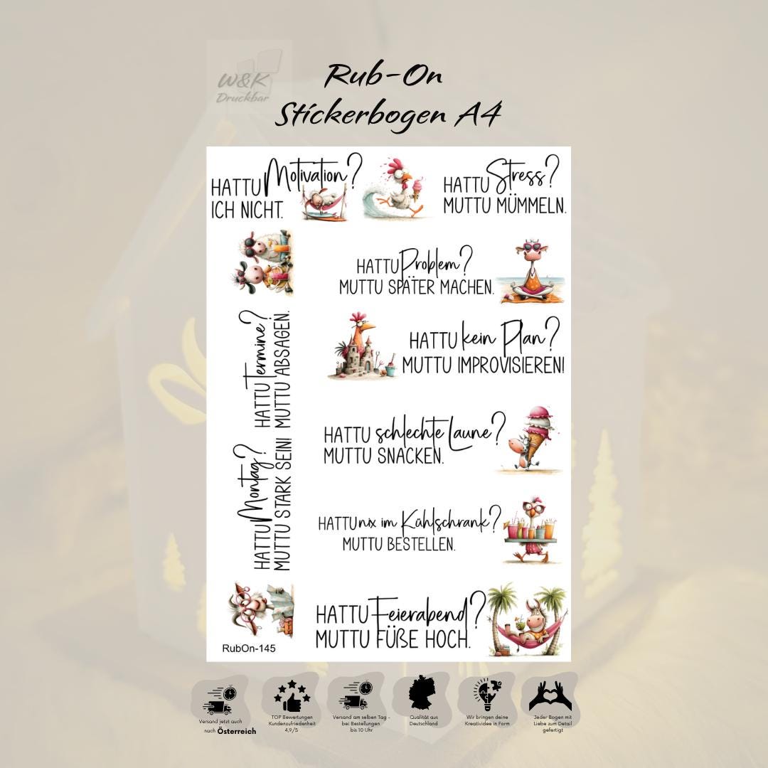 RubOn Sticker / HATTU... MUTTU... / A4 Bogen / Randlos /Abreibebilder / DIY Sticker für z.B. Glas Holz