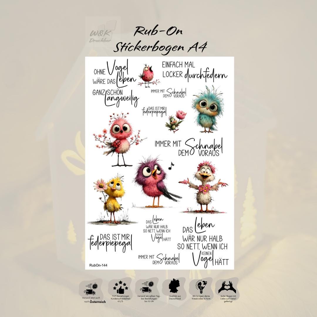 RubOn Sticker / Schnabel voraus / A4 Bogen / Randlos /Abreibebilder / DIY Sticker für z.B. Glas Holz