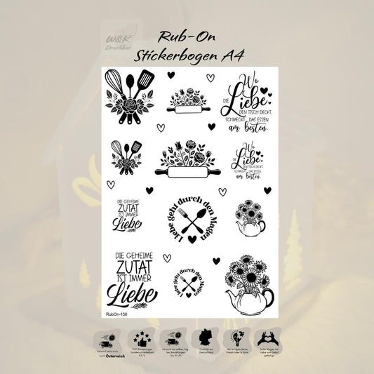 RubOn Sticker / Küchenliebe / A4 Bogen / Randlos /Abreibebilder / DIY Sticker für z.B. Glas Holz