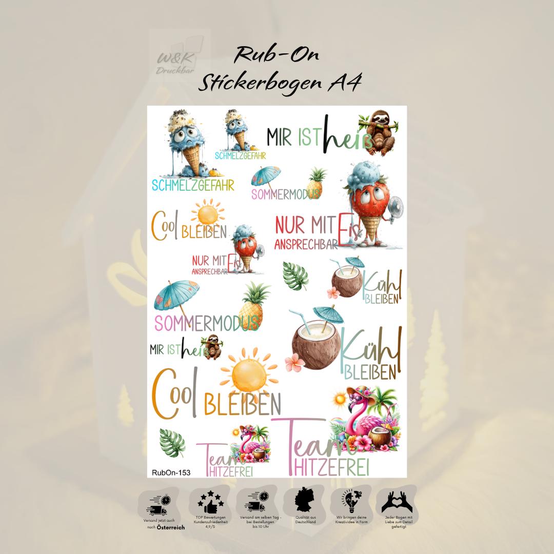 RubOn Sticker / Sommer Set / A4 Bogen / Randlos / Untersetzer / Abreibebilder / DIY Sticker für z.B. Glas Holz
