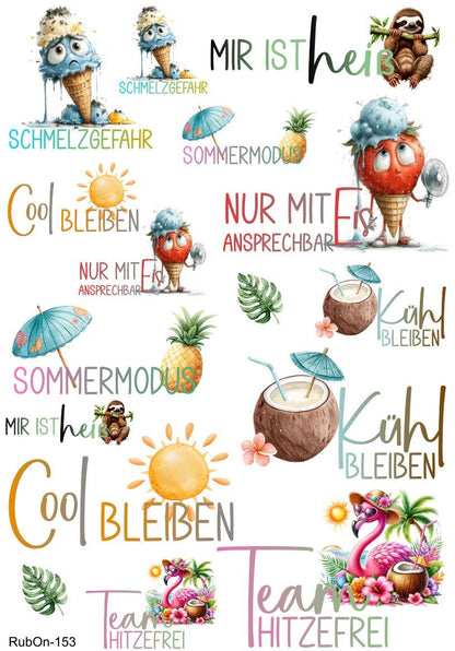 RubOn Sticker / Sommer Set / A4 Bogen / Randlos / Untersetzer / Abreibebilder / DIY Sticker für z.B. Glas Holz