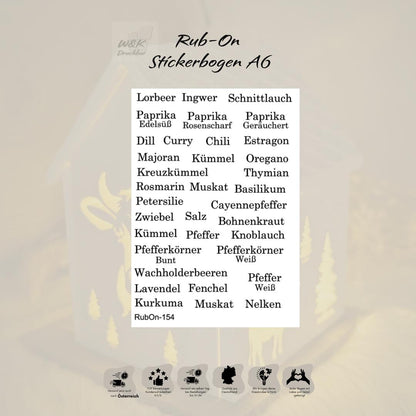 RubOn Sticker / Gewürze Klassik / A5 + A6 Bogen / Randlos / Abreibebilder / DIY Sticker für z.B. Glas Holz