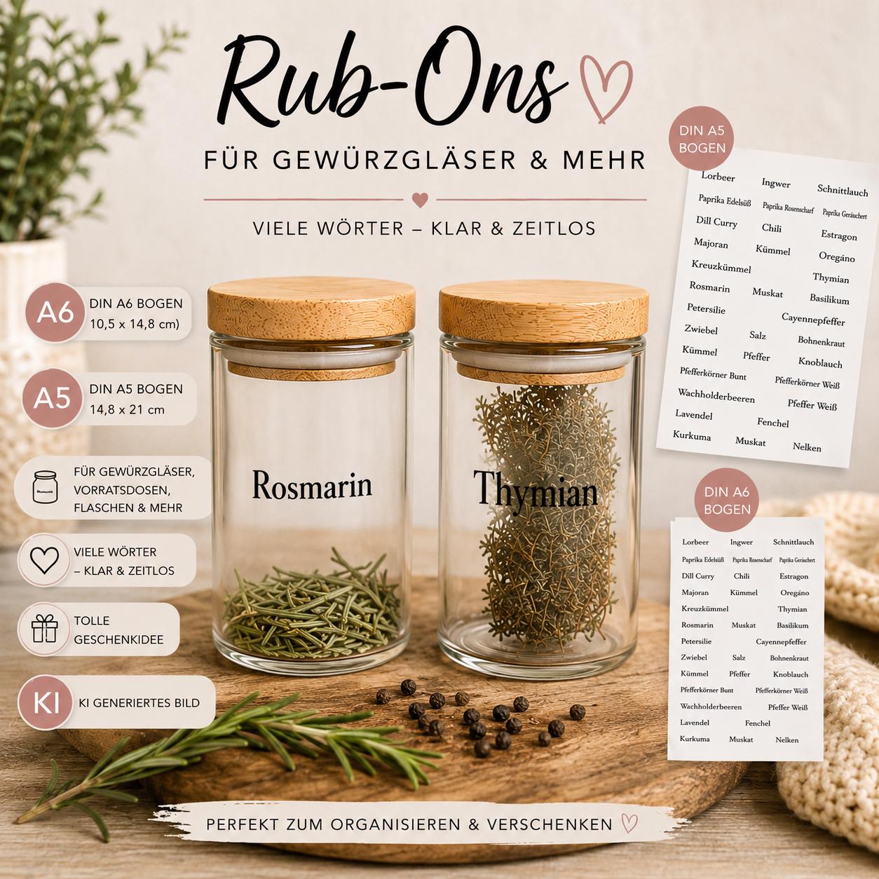 RubOn Sticker / Gewürze Klassik / A5 + A6 Bogen / Randlos / Abreibebilder / DIY Sticker für z.B. Glas Holz