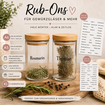 RubOn Sticker / Gewürze Klassik / A5 + A6 Bogen / Randlos / Abreibebilder / DIY Sticker für z.B. Glas Holz