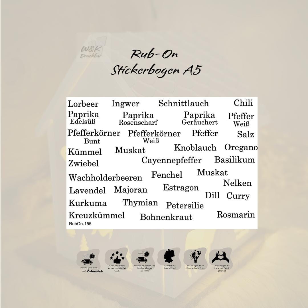 RubOn Sticker / Gewürze Klassik / A5 + A6 Bogen / Randlos / Abreibebilder / DIY Sticker für z.B. Glas Holz