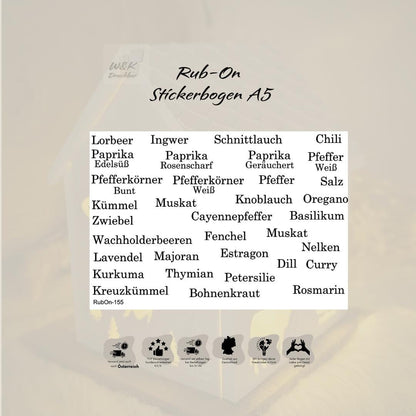 RubOn Sticker / Gewürze Klassik / A5 + A6 Bogen / Randlos / Abreibebilder / DIY Sticker für z.B. Glas Holz
