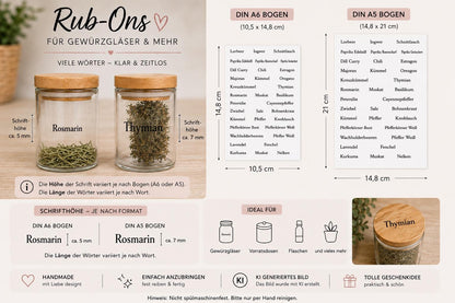 RubOn Sticker / Gewürze Klassik / A5 + A6 Bogen / Randlos / Abreibebilder / DIY Sticker für z.B. Glas Holz
