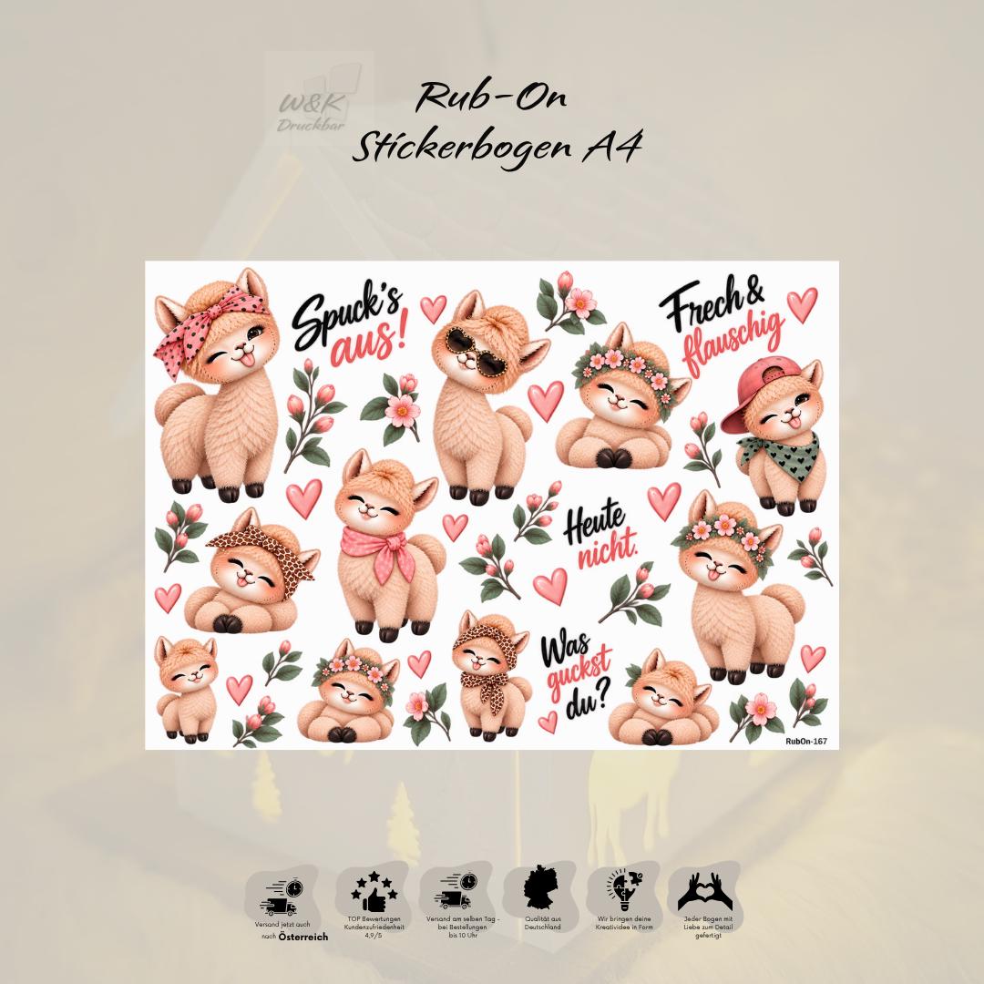 RubOn Sticker / Flauschalarm Freche Alpakas / A4 Bogen / Randlos / Abreibebilder / DIY Sticker für z.B. Glas Holz