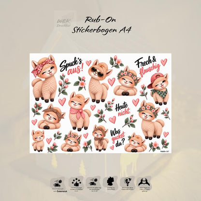 RubOn Sticker / Flauschalarm Freche Alpakas / A4 Bogen / Randlos / Abreibebilder / DIY Sticker für z.B. Glas Holz