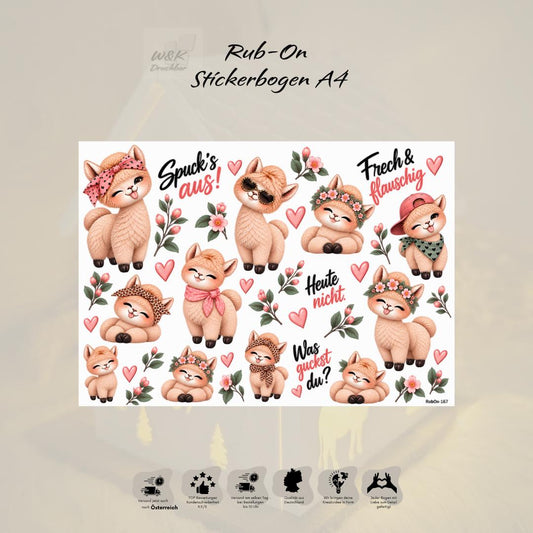 RubOn Sticker / Flauschalarm Freche Alpakas / A4 Bogen / Randlos / Abreibebilder / DIY Sticker für z.B. Glas Holz