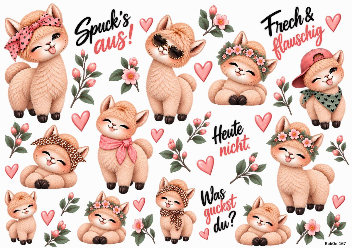 RubOn Sticker / Flauschalarm Freche Alpakas / A4 Bogen / Randlos / Abreibebilder / DIY Sticker für z.B. Glas Holz