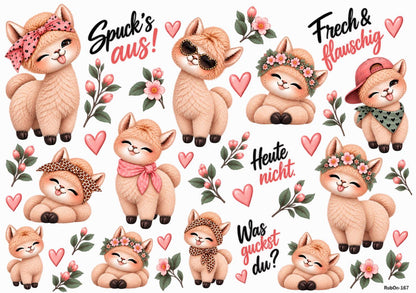 RubOn Sticker / Flauschalarm Freche Alpakas / A4 Bogen / Randlos / Abreibebilder / DIY Sticker für z.B. Glas Holz