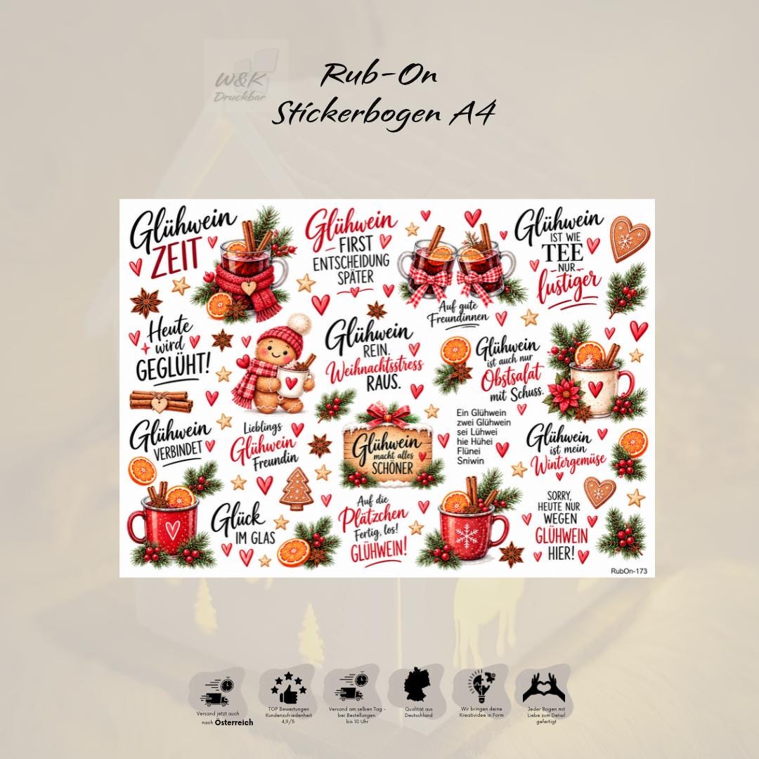 RubOn Sticker / GlühweinZeit / A4 Bogen / Randlos / Abreibebilder / DIY Sticker für z.B. Glas Holz