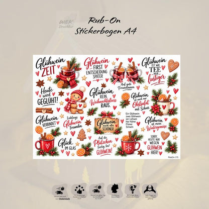 RubOn Sticker / GlühweinZeit / A4 Bogen / Randlos / Abreibebilder / DIY Sticker für z.B. Glas Holz