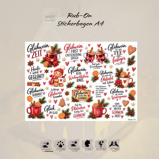 RubOn Sticker / GlühweinZeit / A4 Bogen / Randlos / Abreibebilder / DIY Sticker für z.B. Glas Holz
